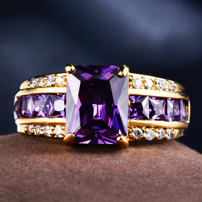 Stylish and exquisite rectangular cut purple stone zirconium ring, gold sand engagement princess love ring, wedding ring, Valentine's Day gift
