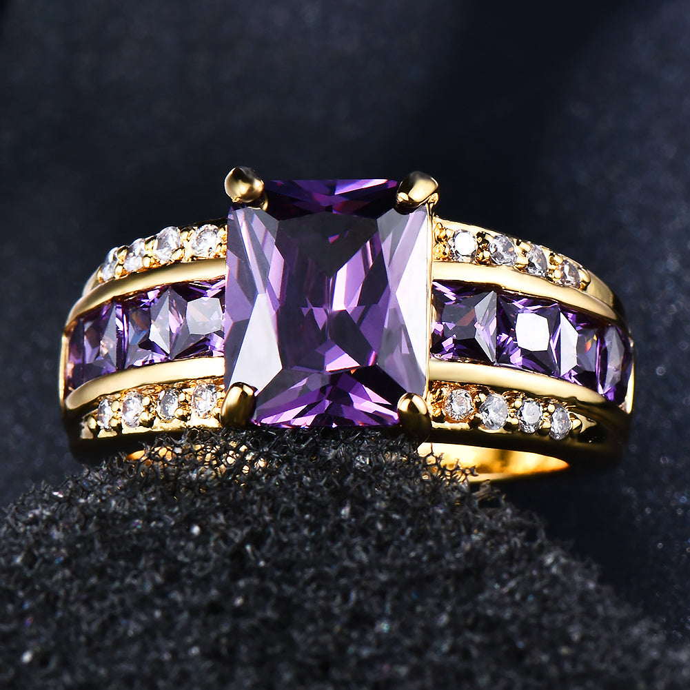 Stylish and exquisite rectangular cut purple stone zirconium ring, gold sand engagement princess love ring, wedding ring, Valentine's Day gift