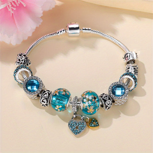 1 piece silver love blue bead bracelet DIY pendant bracelet Valentine's Day jewelry gift, suitable for pretend play, perfect for winter and New Year