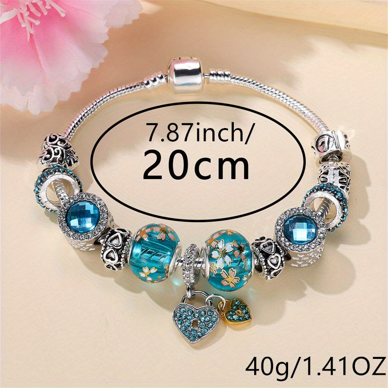 1 piece silver love blue bead bracelet DIY pendant bracelet Valentine's Day jewelry gift, suitable for pretend play, perfect for winter and New Year