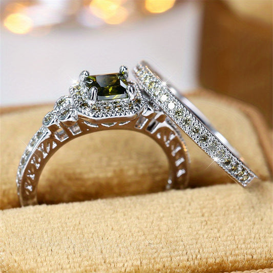Retro style silver princess square olive emerald ring set, men's luxury engagement wedding jewelry gift set
