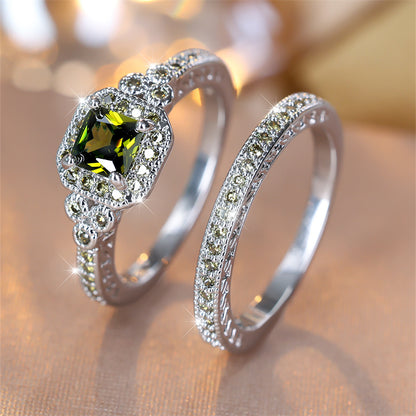 Retro style silver princess square olive emerald ring set, men's luxury engagement wedding jewelry gift set