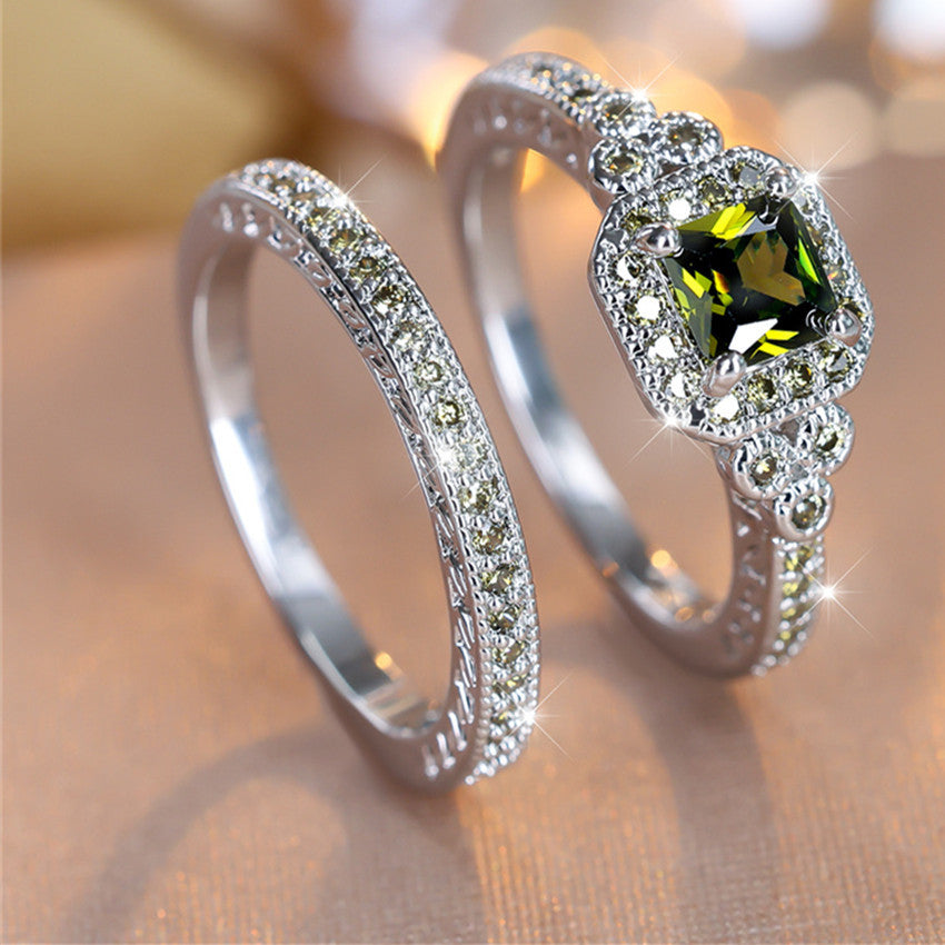 Retro style silver princess square olive emerald ring set, men's luxury engagement wedding jewelry gift set