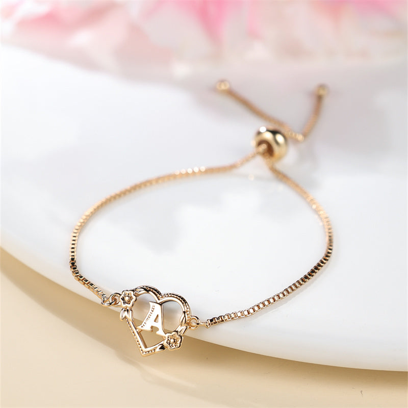 1 piece bohemian gold letter heart bracelet, rose detail, adjustable bracelet, love initial pendant, Valentine's Day gift jewelry