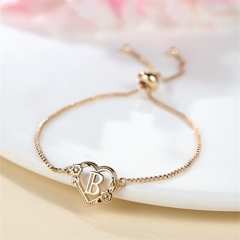 1 piece bohemian gold letter heart bracelet, rose detail, adjustable bracelet, love initial pendant, Valentine's Day gift jewelry