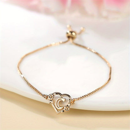 1 piece bohemian gold letter heart bracelet, rose detail, adjustable bracelet, love initial pendant, Valentine's Day gift jewelry