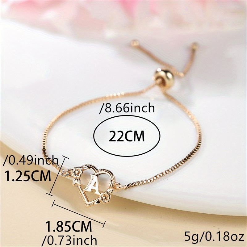 1 piece bohemian gold letter heart bracelet, rose detail, adjustable bracelet, love initial pendant, Valentine's Day gift jewelry