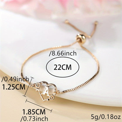 1 piece bohemian gold letter heart bracelet, rose detail, adjustable bracelet, love initial pendant, Valentine's Day gift jewelry