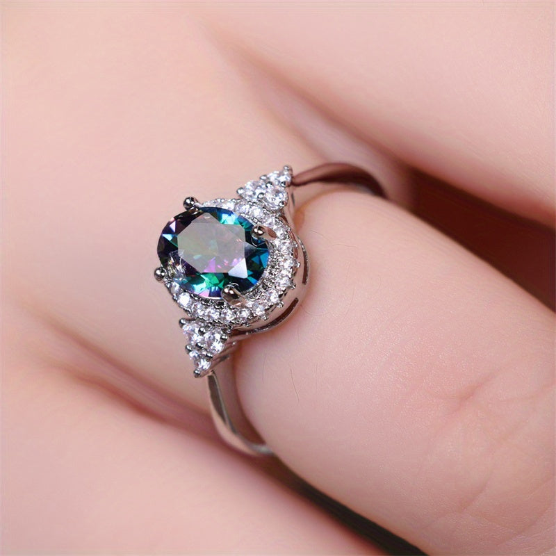 1 Silver Oval Cut Multicolor Stone CZ Claw Ring Wedding Ring Jewelry Valentine's Day Gift