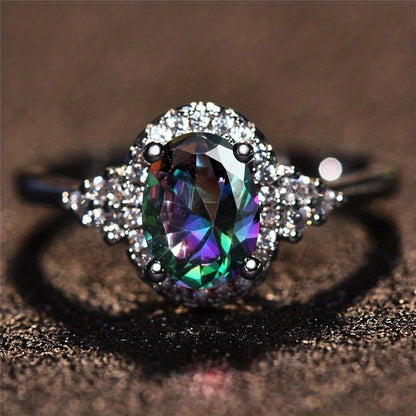 1 Silver Oval Cut Multicolor Stone CZ Claw Ring Wedding Ring Jewelry Valentine's Day Gift