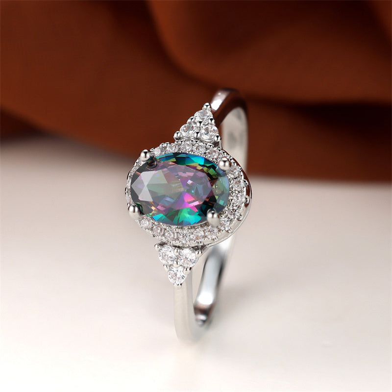 1 Silver Oval Cut Multicolor Stone CZ Claw Ring Wedding Ring Jewelry Valentine's Day Gift