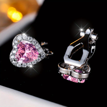 Valentine's Day Heart Pink Cubic Zirconia Clip Earrings, Non-Perforated Copper Resort Style Ear Clips, Synthetic Zirconia Gemstones, Wedding and Special Occasion Gifts - A Pair