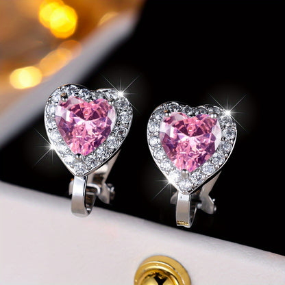 Valentine's Day Heart Pink Cubic Zirconia Clip Earrings, Non-Perforated Copper Resort Style Ear Clips, Synthetic Zirconia Gemstones, Wedding and Special Occasion Gifts - A Pair