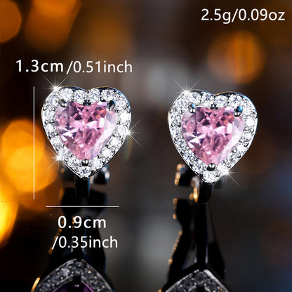 Valentine's Day Heart Pink Cubic Zirconia Clip Earrings, Non-Perforated Copper Resort Style Ear Clips, Synthetic Zirconia Gemstones, Wedding and Special Occasion Gifts - A Pair