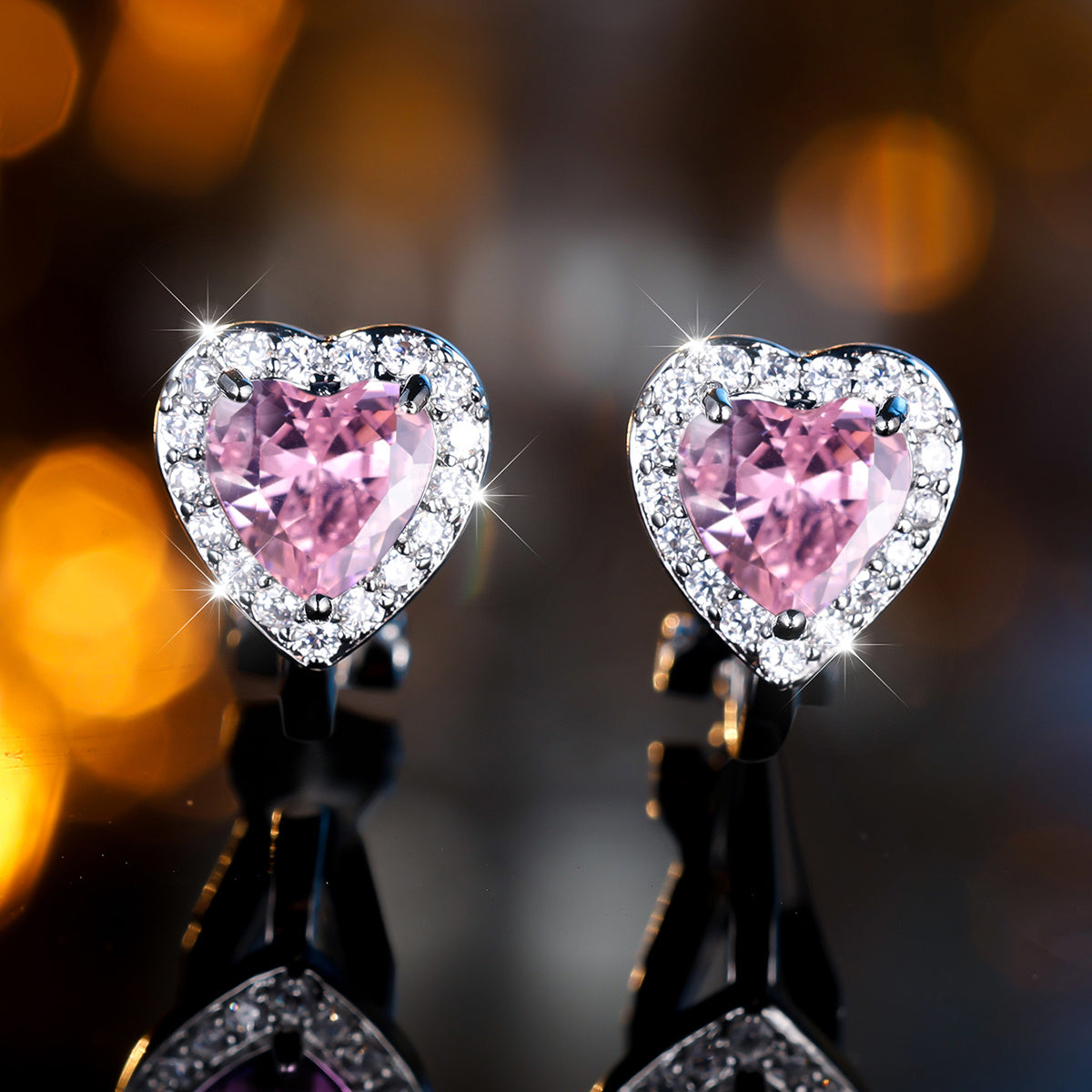 Valentine's Day Heart Pink Cubic Zirconia Clip Earrings, Non-Perforated Copper Resort Style Ear Clips, Synthetic Zirconia Gemstones, Wedding and Special Occasion Gifts - A Pair