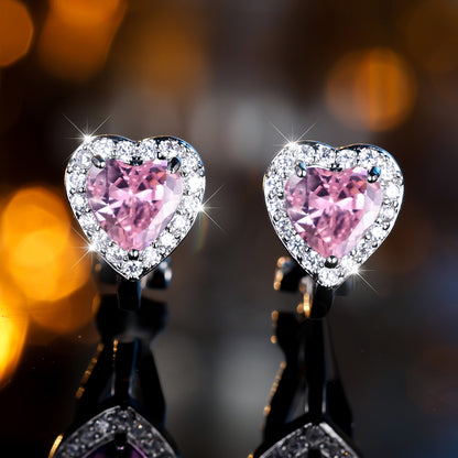 Valentine's Day Heart Pink Cubic Zirconia Clip Earrings, Non-Perforated Copper Resort Style Ear Clips, Synthetic Zirconia Gemstones, Wedding and Special Occasion Gifts - A Pair