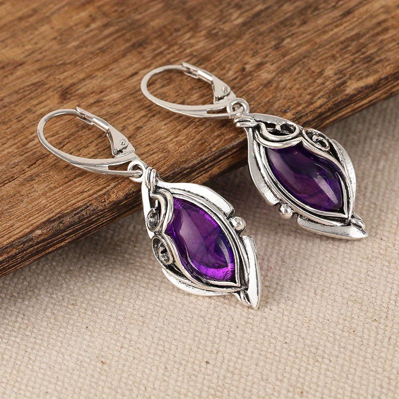 Classic Bohemian 925 Silver Plated Purple Synthetic Gemstone Drop Earrings, Zinc Alloy with Copper Ears, Pendant Fashion Jewelry for Everyday and Special Occasions, Christmas Gift Ideas