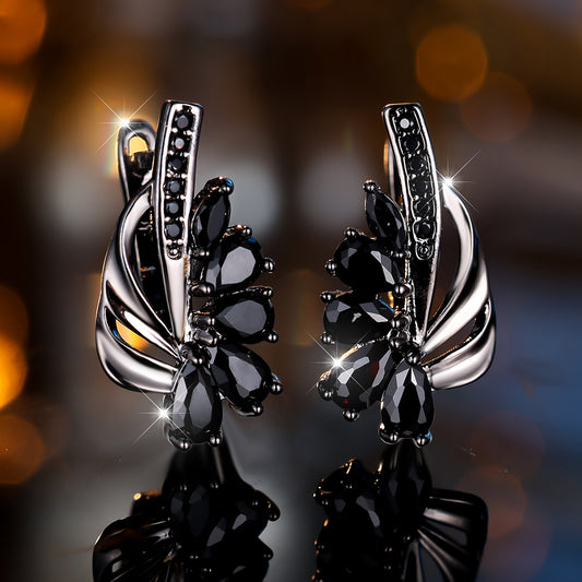 Vintage black and gold teardrop cut black stone pendant earrings, ethnic style wedding party exquisite jewelry