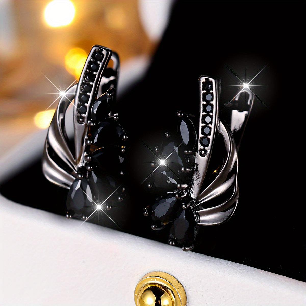 Vintage black and gold teardrop cut black stone pendant earrings, ethnic style wedding party exquisite jewelry