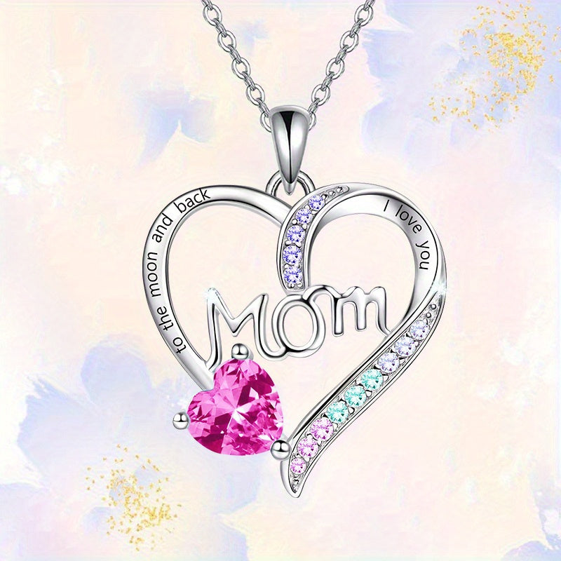 "I Love Your Mom" Heart Pendant Necklace with Acrylic Trim, Alloy Chain, White K Plating, Fashion Jewelry Gift for Women Over 15 - Eternal Sparkle Collection