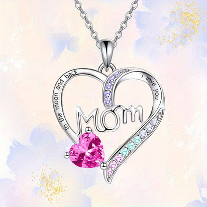 "I Love Your Mom" Heart Pendant Necklace with Acrylic Trim, Alloy Chain, White K Plating, Fashion Jewelry Gift for Women Over 15 - Eternal Sparkle Collection