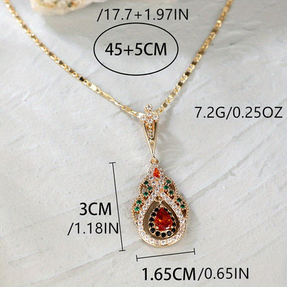 Elegant Teardrop Red Zirconia Pendant Necklace - Vintage Gold Finish, Perfect for Weddings and Special Occasions, Winter and New Year