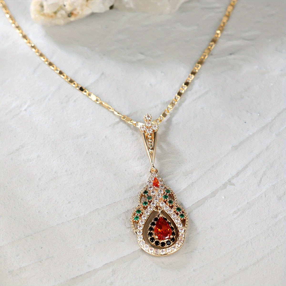 Elegant Teardrop Red Zirconia Pendant Necklace - Vintage Gold Finish, Perfect for Weddings and Special Occasions, Winter and New Year