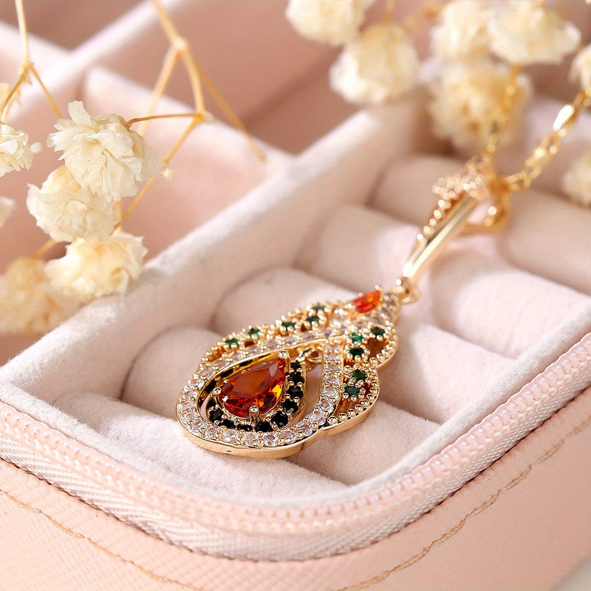 Elegant Teardrop Red Zirconia Pendant Necklace - Vintage Gold Finish, Perfect for Weddings and Special Occasions, Winter and New Year