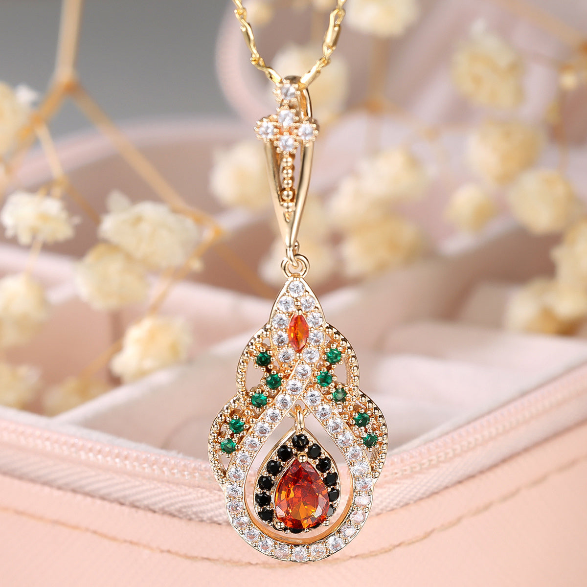 Elegant Teardrop Red Zirconia Pendant Necklace - Vintage Gold Finish, Perfect for Weddings and Special Occasions, Winter and New Year