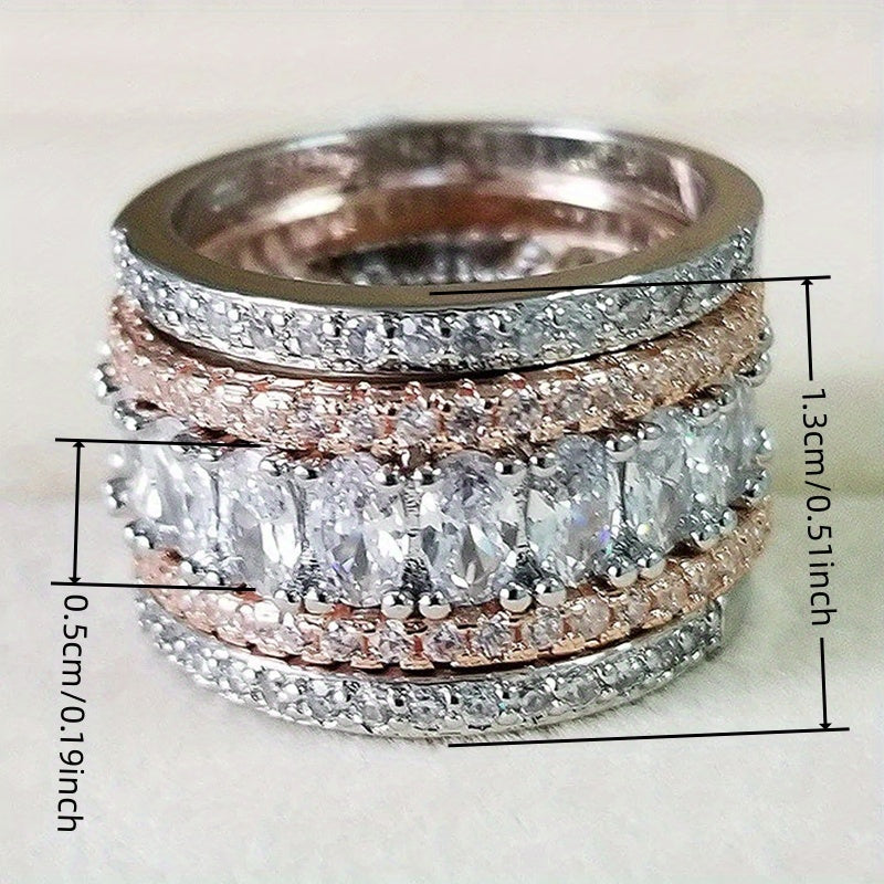 An elegant and luxurious women's wide-faced ring, semi-decorative shiny zircon two-tone ring, copper, synthetic zircon, daily casual wear, party occasions, anniversary gifts