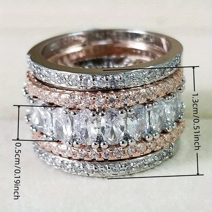 An elegant and luxurious women's wide-faced ring, semi-decorative shiny zircon two-tone ring, copper, synthetic zircon, daily casual wear, party occasions, anniversary gifts