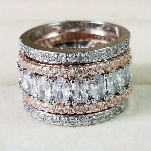 An elegant and luxurious women's wide-faced ring, semi-decorative shiny zircon two-tone ring, copper, synthetic zircon, daily casual wear, party occasions, anniversary gifts