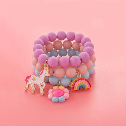 3Pcs Cute Unicorn, Sunflower, Rainbow Charm Beaded Unicorn Sunflower Rainbow Bracelet Set