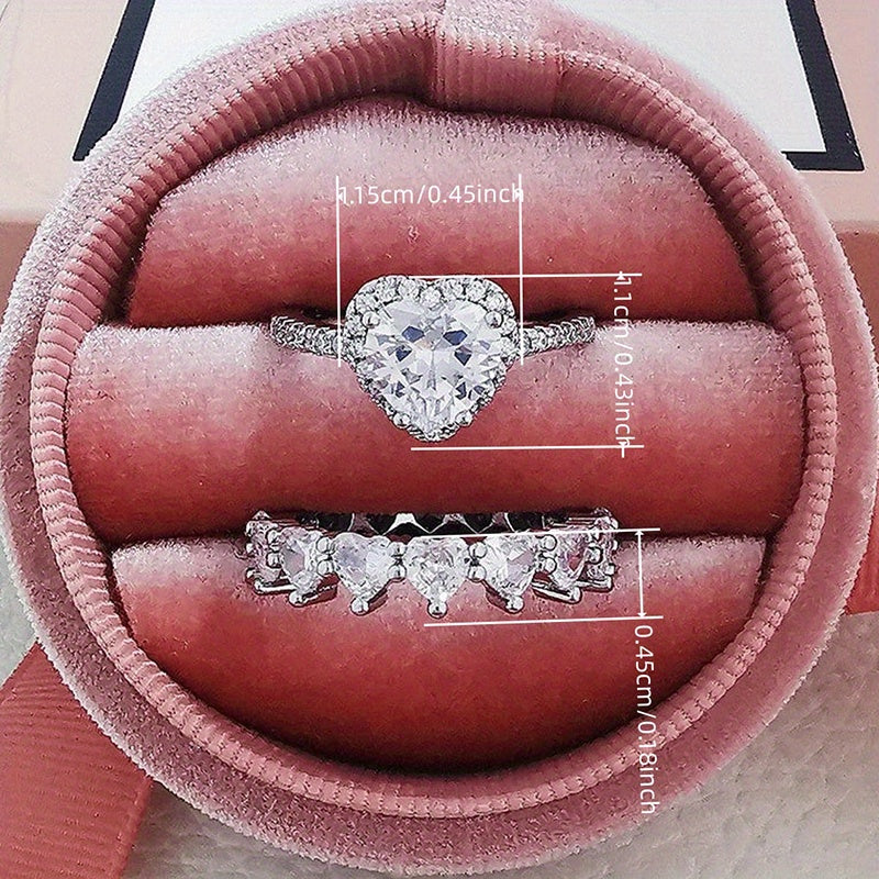 2-Piece elegant heart-shaped engagement ring, luxurious sparkling cubic Zirconia bridal band, suitable for banquets and parties