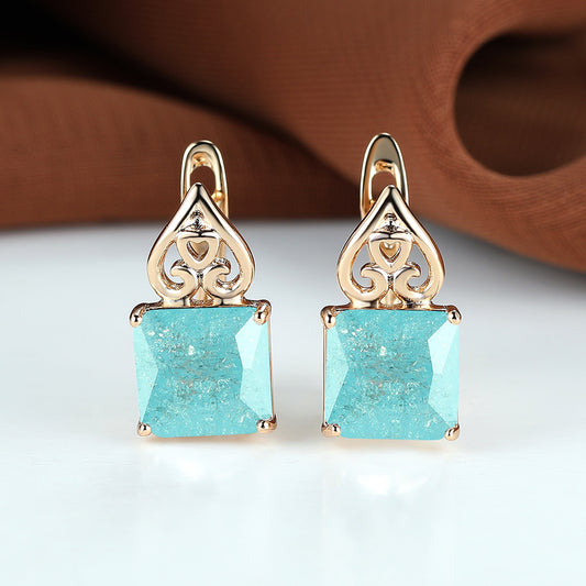 A pair of square cut zircon flower pendant earrings, copper earrings, unplated, zircon inlay, green ice design, suitable for weddings and daily wear