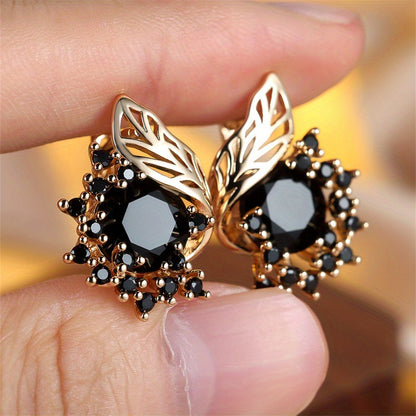 1 pair of gold round cut black stone flower earrings CZ claw pendant earrings, wedding jewelry