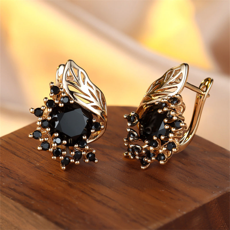 1 pair of gold round cut black stone flower earrings CZ claw pendant earrings, wedding jewelry