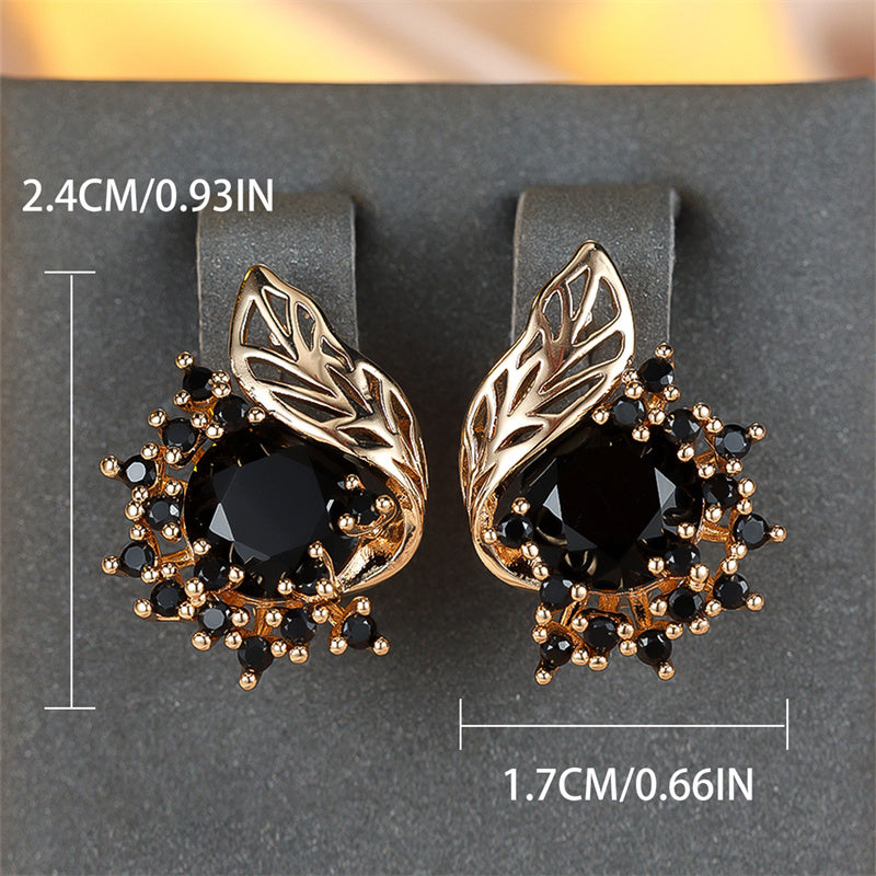 1 pair of gold round cut black stone flower earrings CZ claw pendant earrings, wedding jewelry
