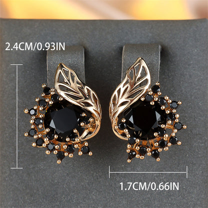 1 pair of gold round cut black stone flower earrings CZ claw pendant earrings, wedding jewelry