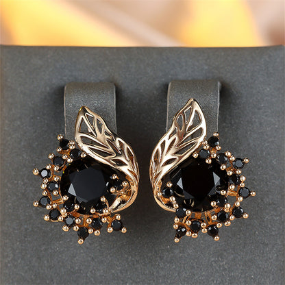 1 pair of gold round cut black stone flower earrings CZ claw pendant earrings, wedding jewelry