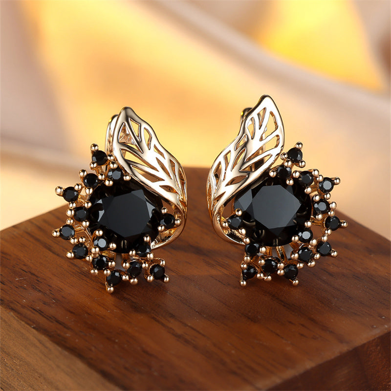 1 pair of gold round cut black stone flower earrings CZ claw pendant earrings, wedding jewelry