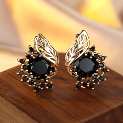 1 pair of gold round cut black stone flower earrings CZ claw pendant earrings, wedding jewelry
