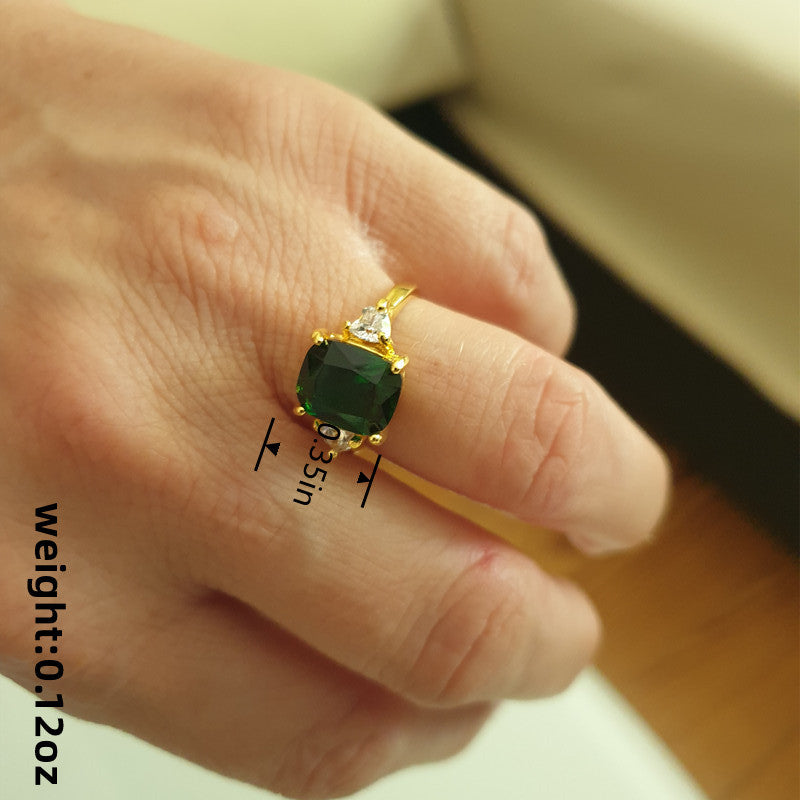 Retro Luxury 14K Gold Plated Alloy, Engagement Ring, Square Cut Emerald Zircon for Women - Perfect for Everyday Wear, Gift Giving and Christmas Holidays