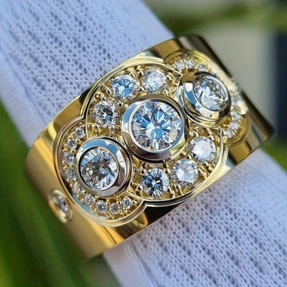 Round cut Zirconia set with three stone cluster wedding ring, unique gemstone broadband ring