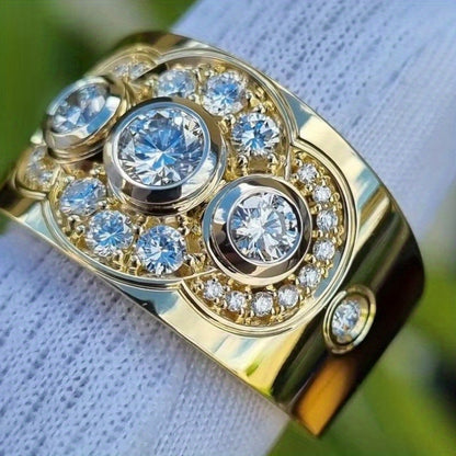 Round cut Zirconia set with three stone cluster wedding ring, unique gemstone broadband ring