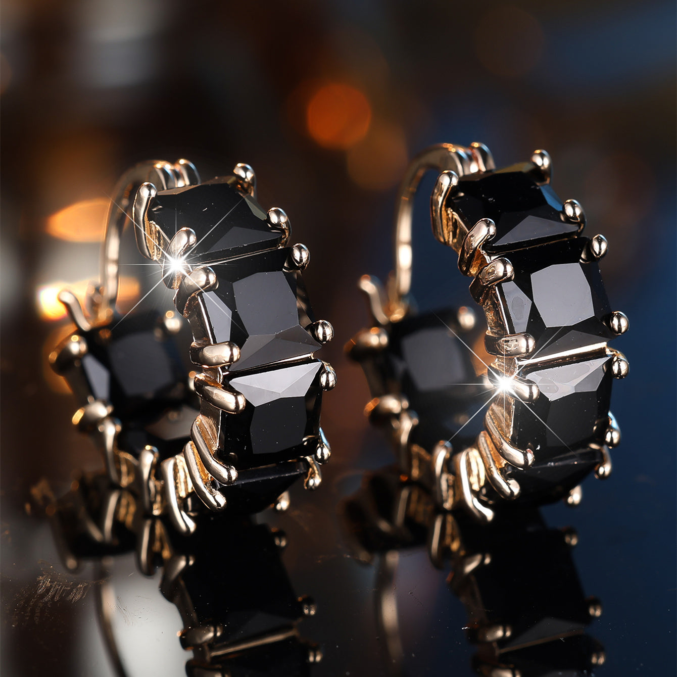A pair of elegant retro square black zircon earrings, copper craftsmanship, unplated, fashionable women's jewelry, suitable for all seasons