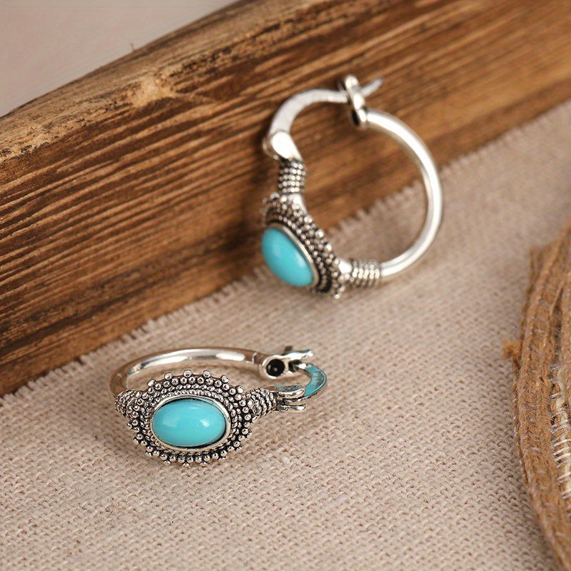 Antique Bohemian bronze inlaid turquoise earrings set with 925 silver plating, suitable for daily wear and gift in all seasons, ideal for Christmas and souvenirs for affectionate lovers