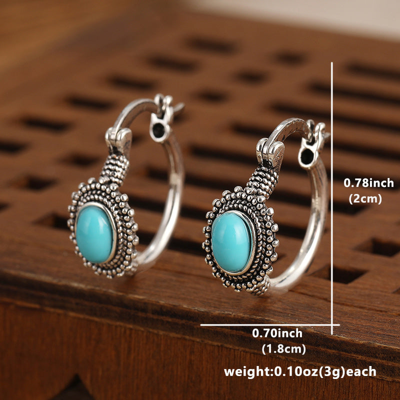 Antique Bohemian bronze inlaid turquoise earrings set with 925 silver plating, suitable for daily wear and gift in all seasons, ideal for Christmas and souvenirs for affectionate lovers