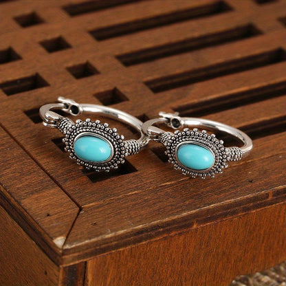Antique Bohemian bronze inlaid turquoise earrings set with 925 silver plating, suitable for daily wear and gift in all seasons, ideal for Christmas and souvenirs for affectionate lovers