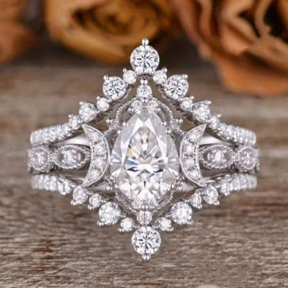 1.2 Carat Pear Shaped Zirconia Crescent Engagement Ring 3 Piece Set, Moon Engagement Ring, Vintage Engagement Ring, Art Deco Gift, Vintage